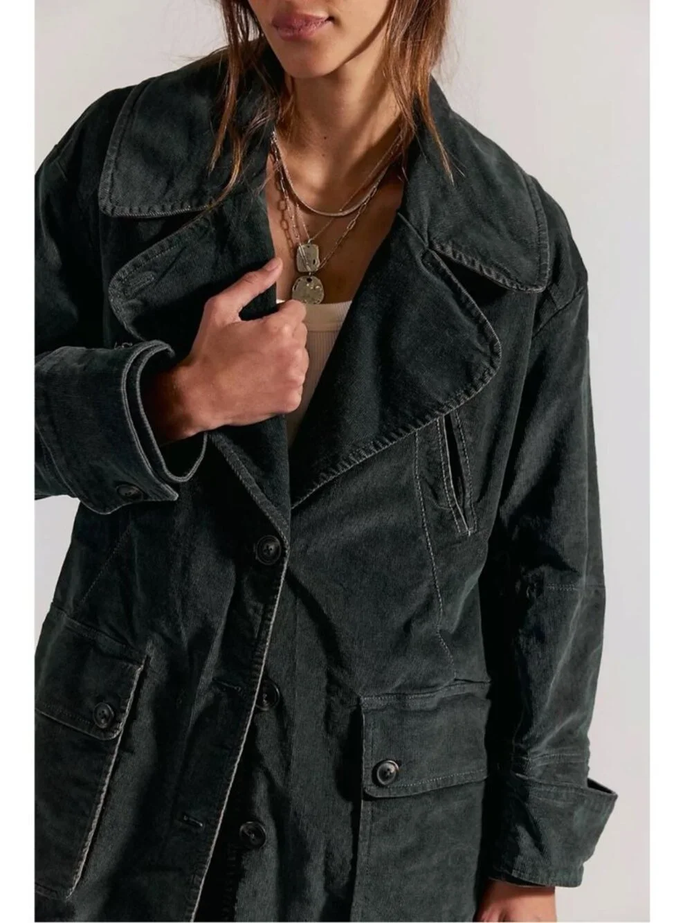 Free People Retro 70s Fox Cord Corduroy Duster Trench Coat Dark Charcoal Large